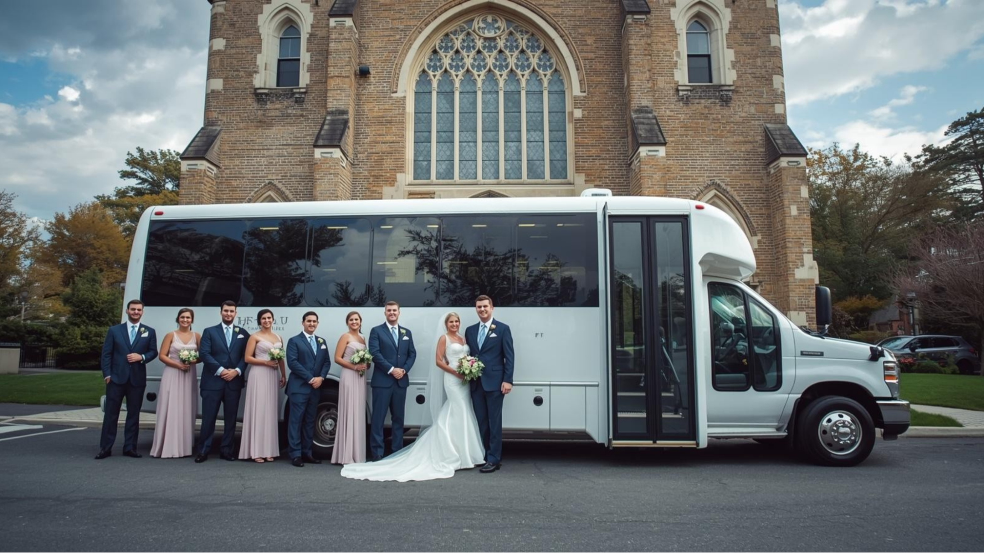 Wedding guests boarding a WE Transport charter bus outside a Long Island wedding venue for group transportation across Metro New York and Connecticut