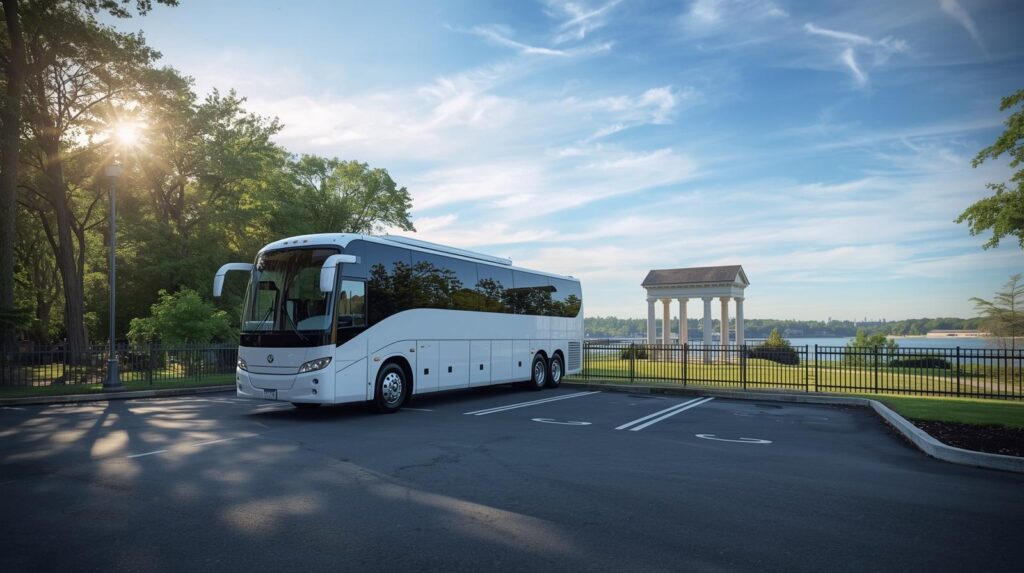 WE Transport charter bus parked on Long Island for group transportation service across NYC, Westchester, and Connecticut
